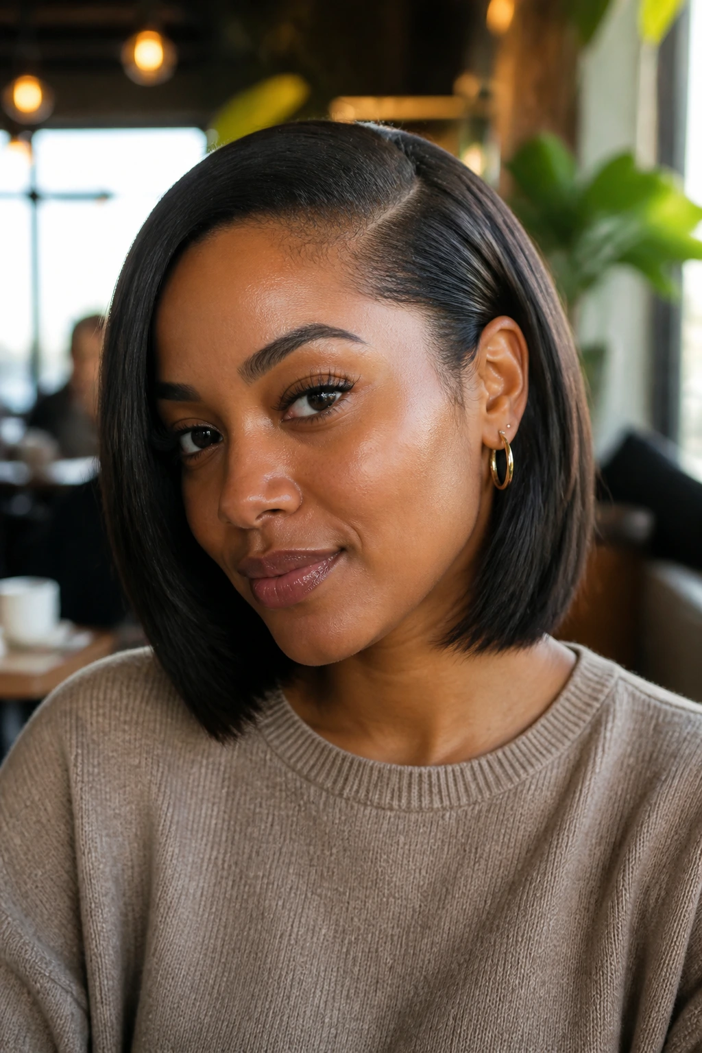 Real woman with tucked side-part bob behind one ear in a cozy cafe setting