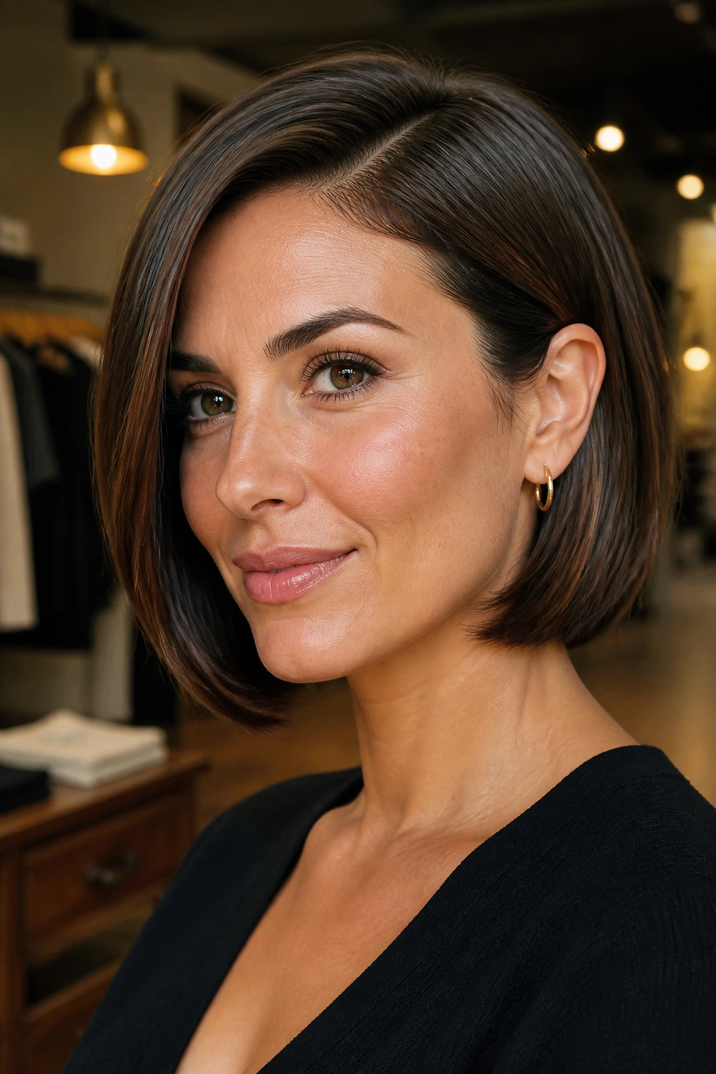 Portrait of a woman with side-part sleek bob tucked behind ear.