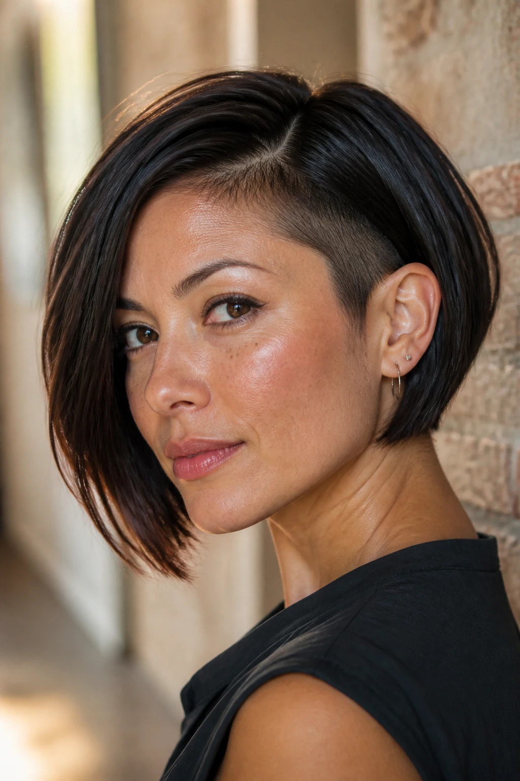 Close-up of a real woman with a side-part bob and subtle undercut.