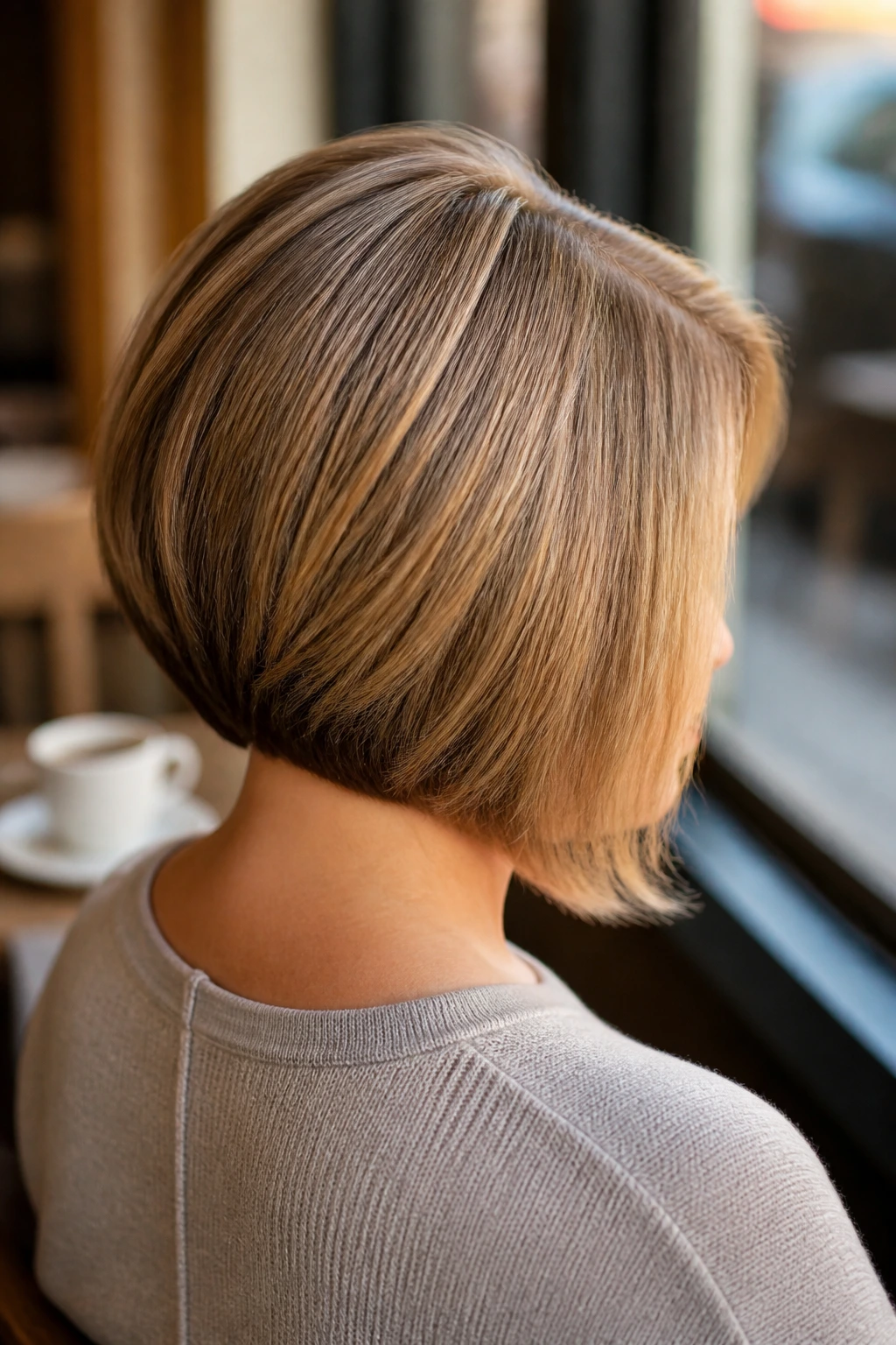Back/three-quarter view of a real woman with a side-part bob and weight shifted toward the back.