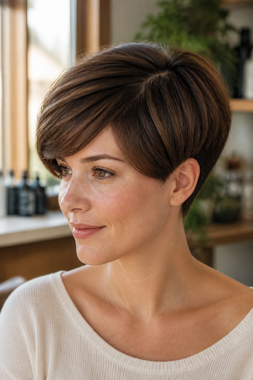 Close-up portrait of a real woman with a side-parted sculpted bowl hairstyle
