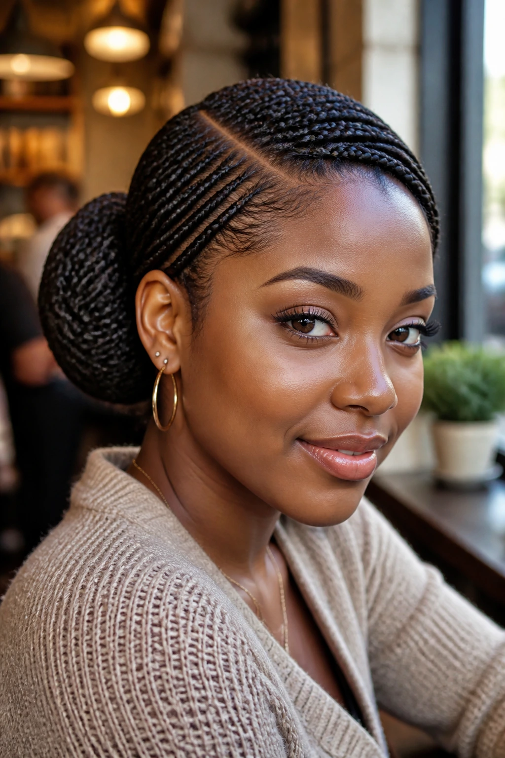 Close-up of a side-part braided bun on a real person in a cafe setting