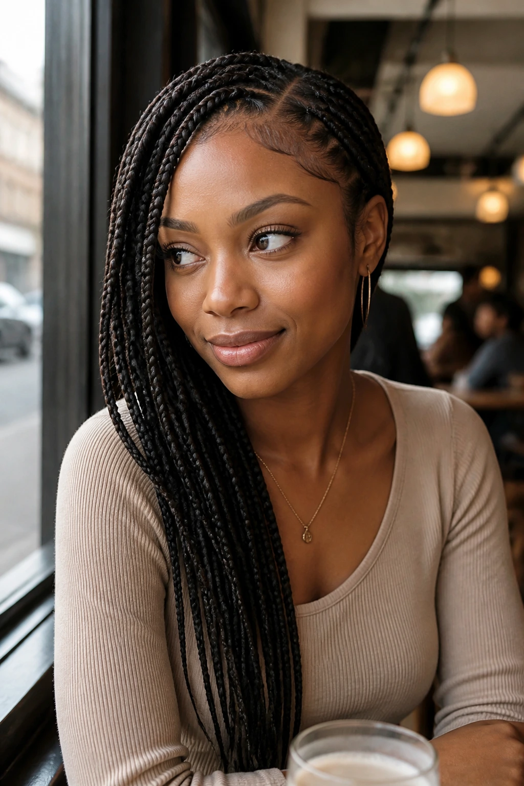 Portrait of a real woman with a side-part braid hairstyle