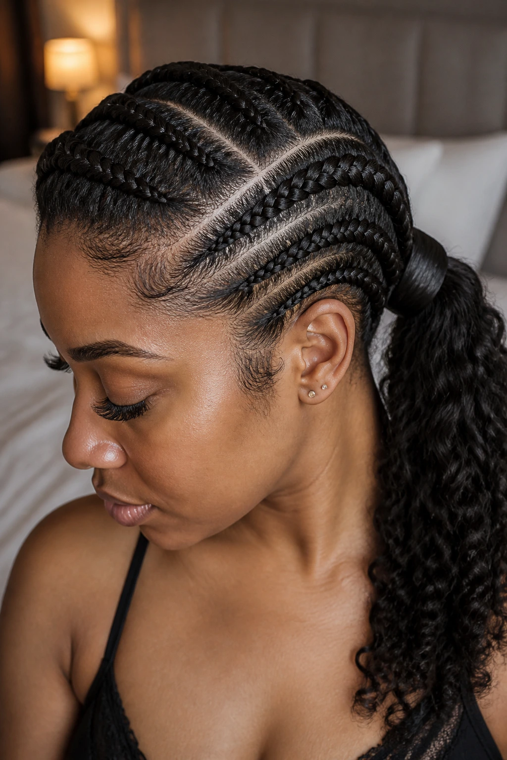 Close-up of a real Black woman's deep side-part with a wrapped base