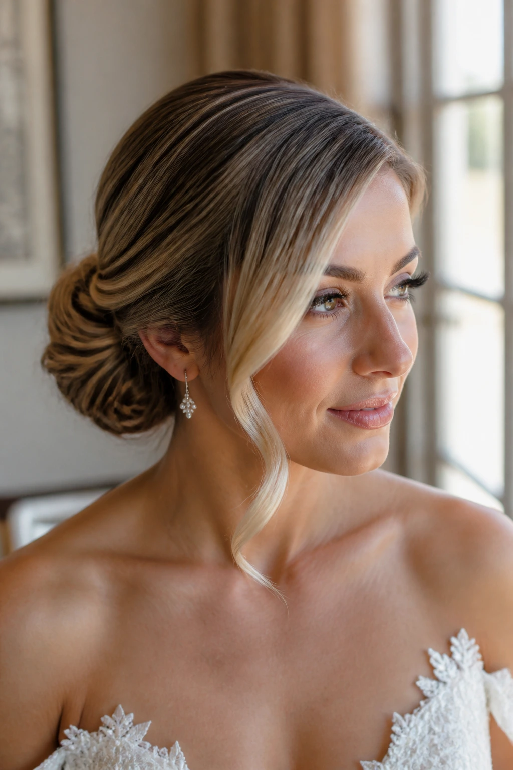 Close-up of Side-Part Sculpted Bun With Face-Framing Bend on a real bride