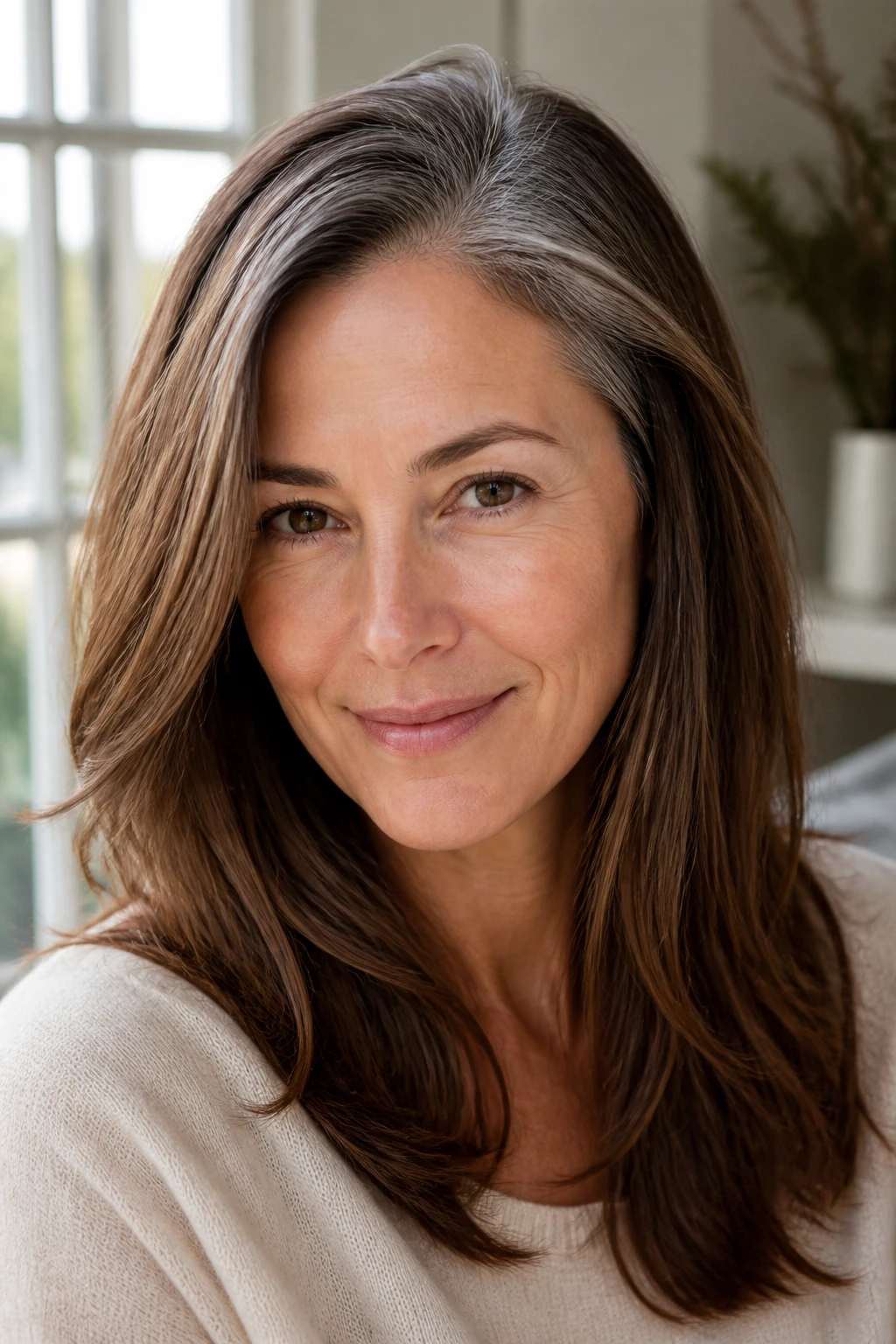 Close-up of a real woman with side-part camouflage showing gray roots blended with brown