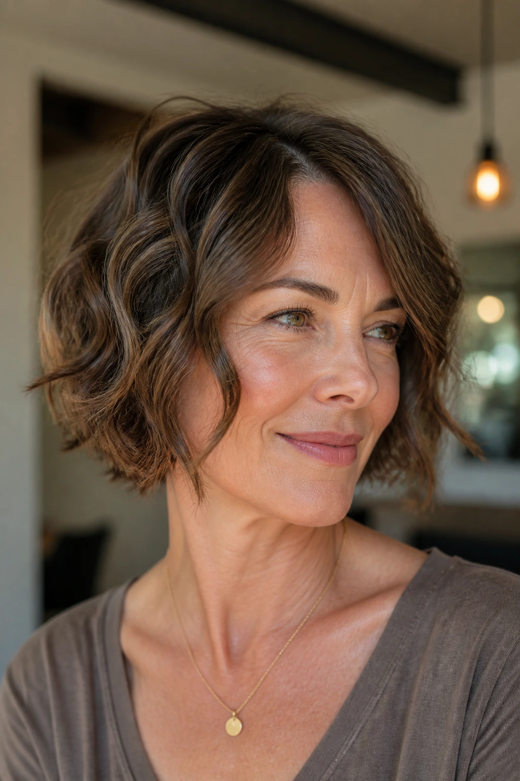 Portrait of a real woman with side-part and cheekbone-length face-framing layers for fine hair