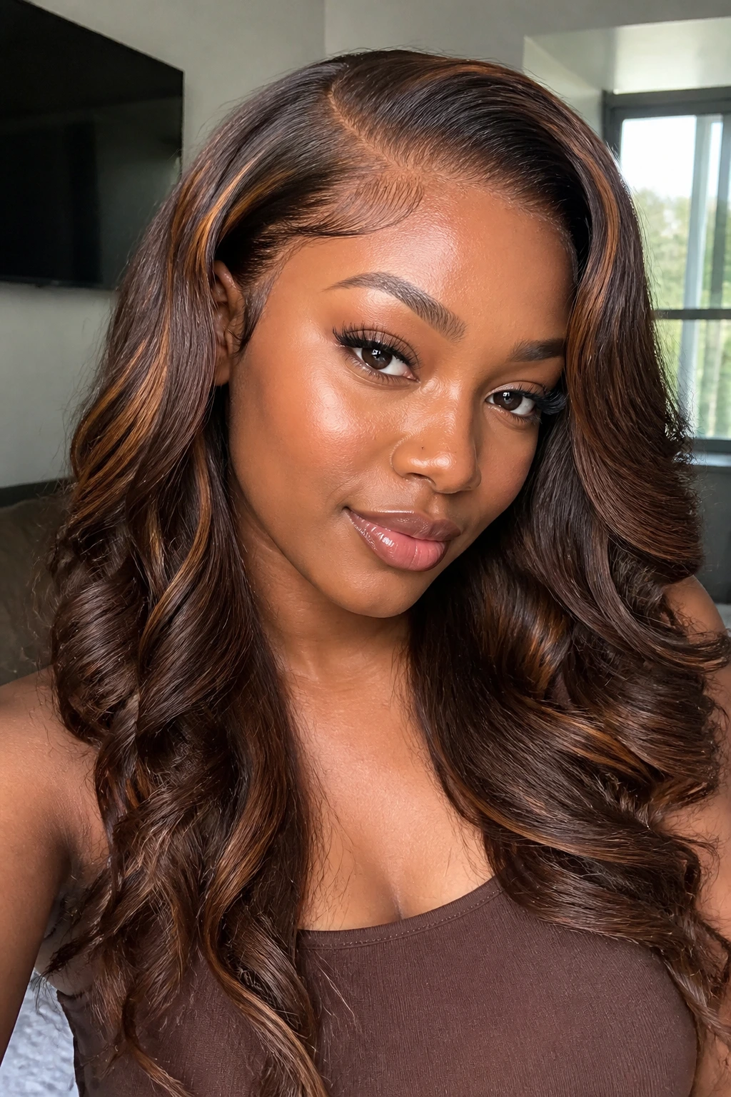 Portrait of a person with side-part chestnut ribbons
