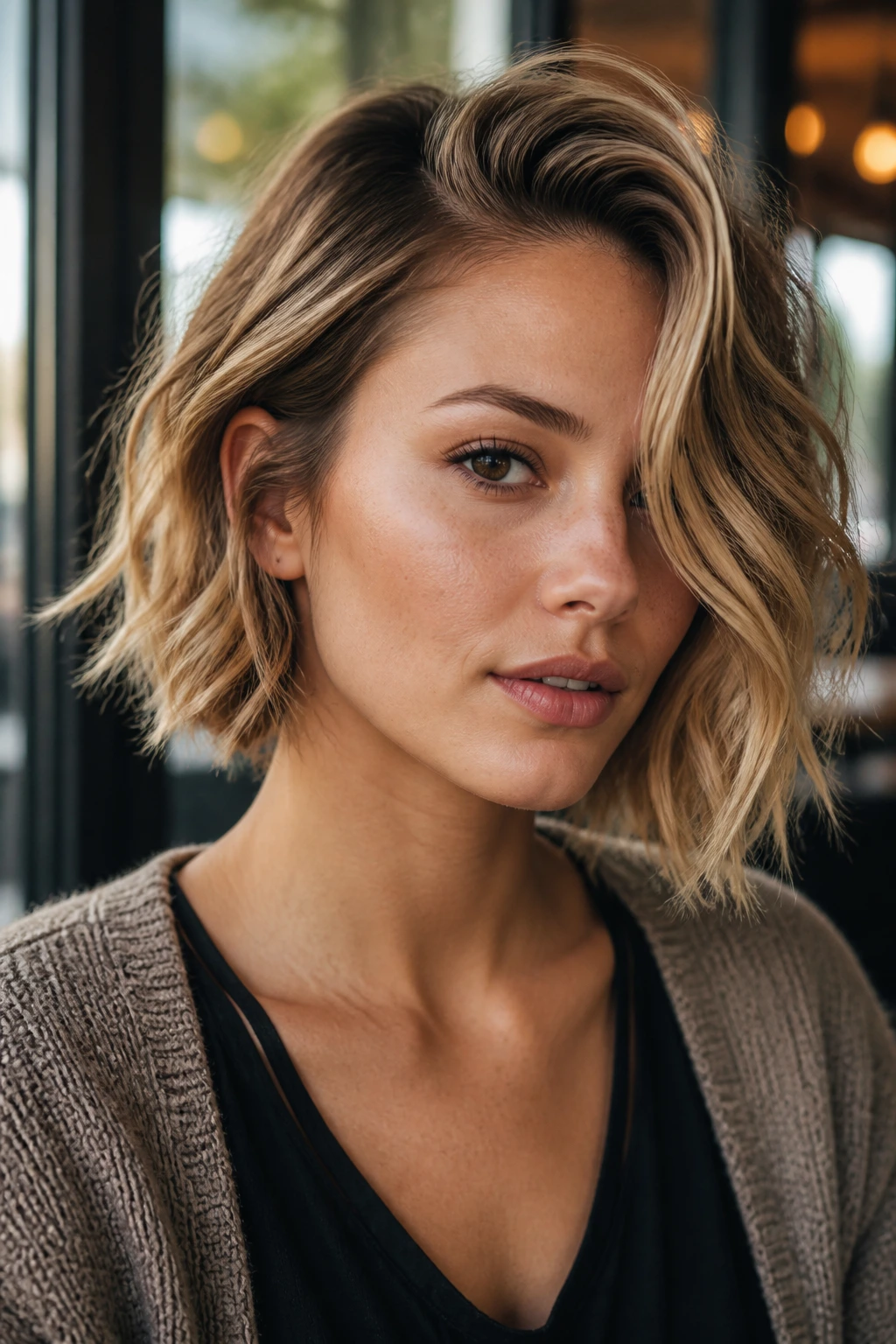 Close-up of a woman with a side-part chin-length bob in a street cafe setting