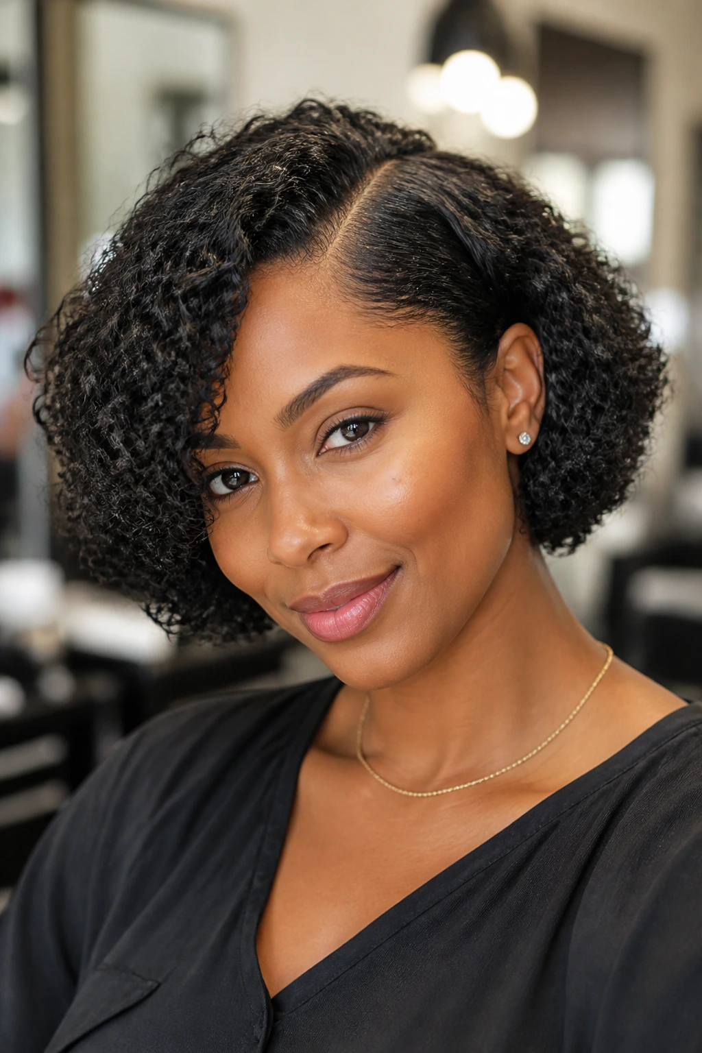 Close-up of a real Black woman with a side-parted chin-length coil bob