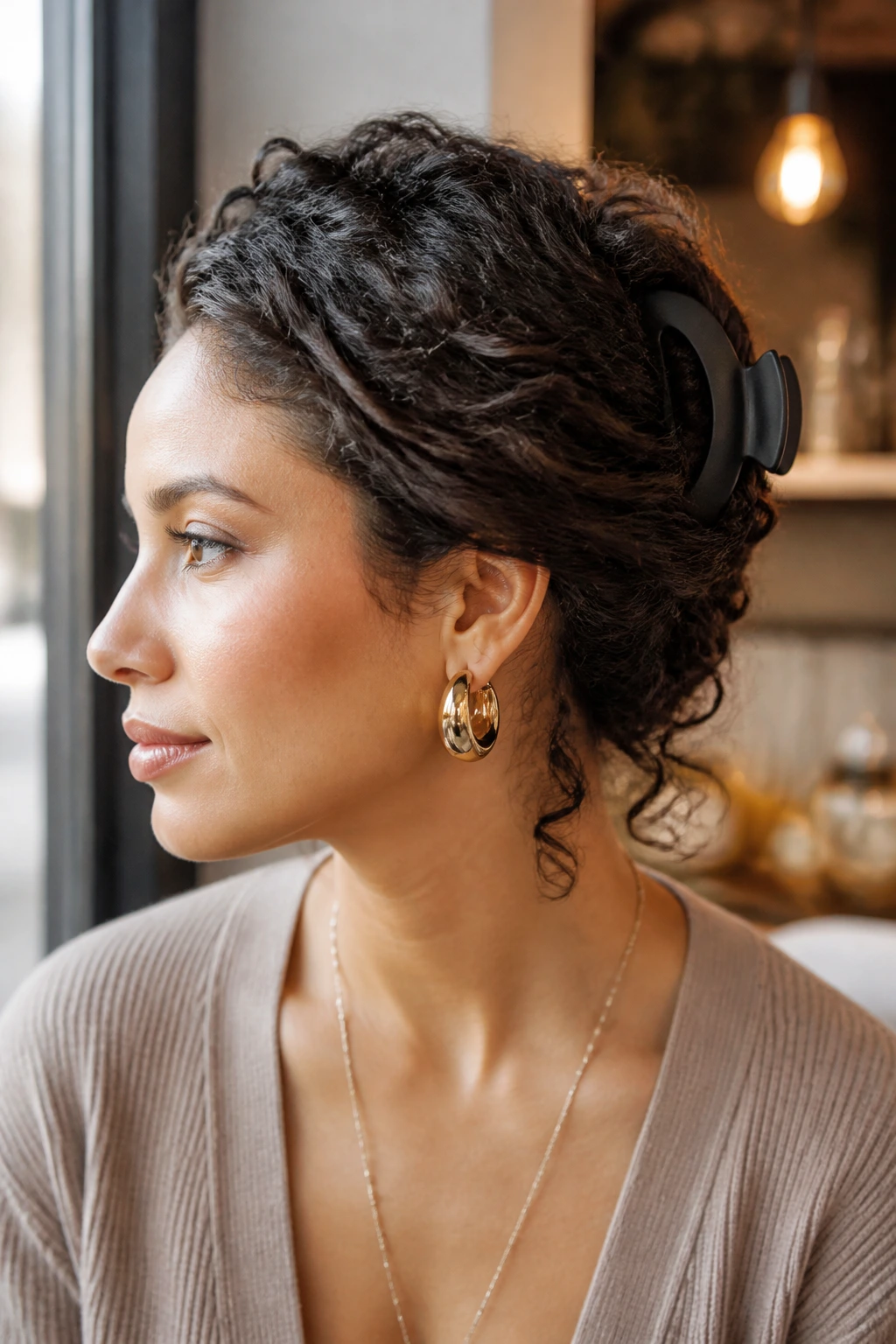 Woman with side part and twist secured by a matte claw clip