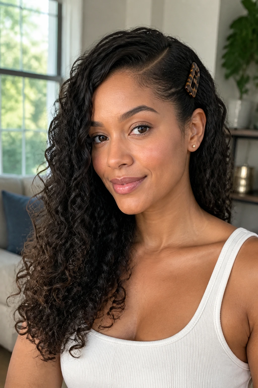 Close-up of a real woman with a deep side part and a large clip in a bright living room.