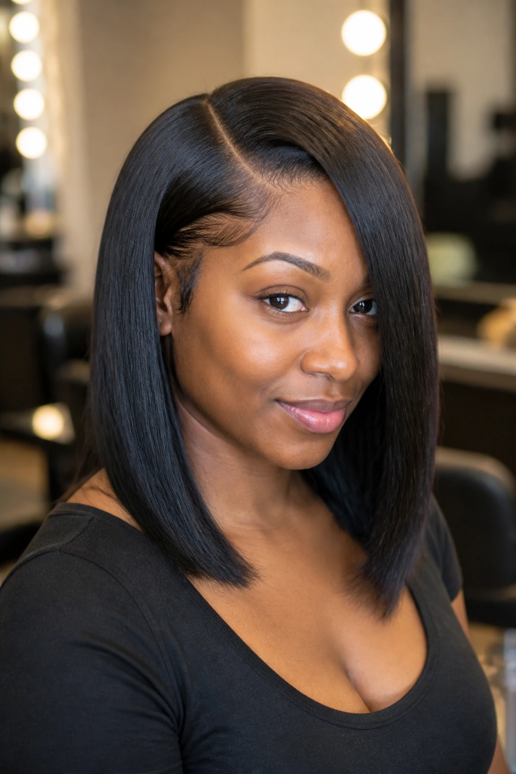 Real woman with side-part bone-straight sew-in and seamless closure