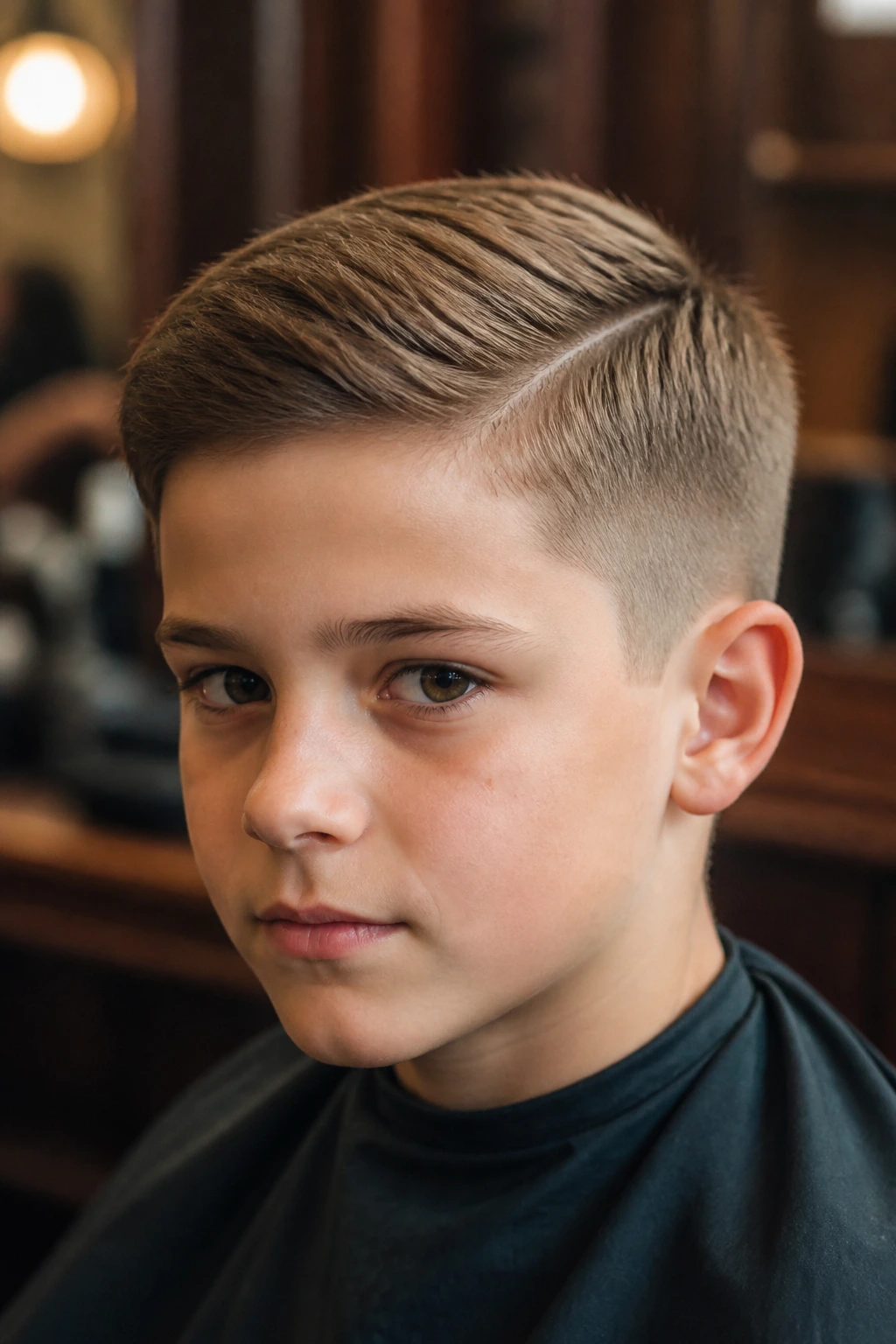 Close-up of a real boy with a subtle side-part crew cut in a barbershop setting