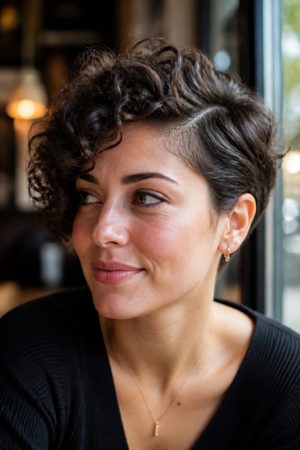 Close-up portrait of a person with a deep side-part curly crop and lifted roots