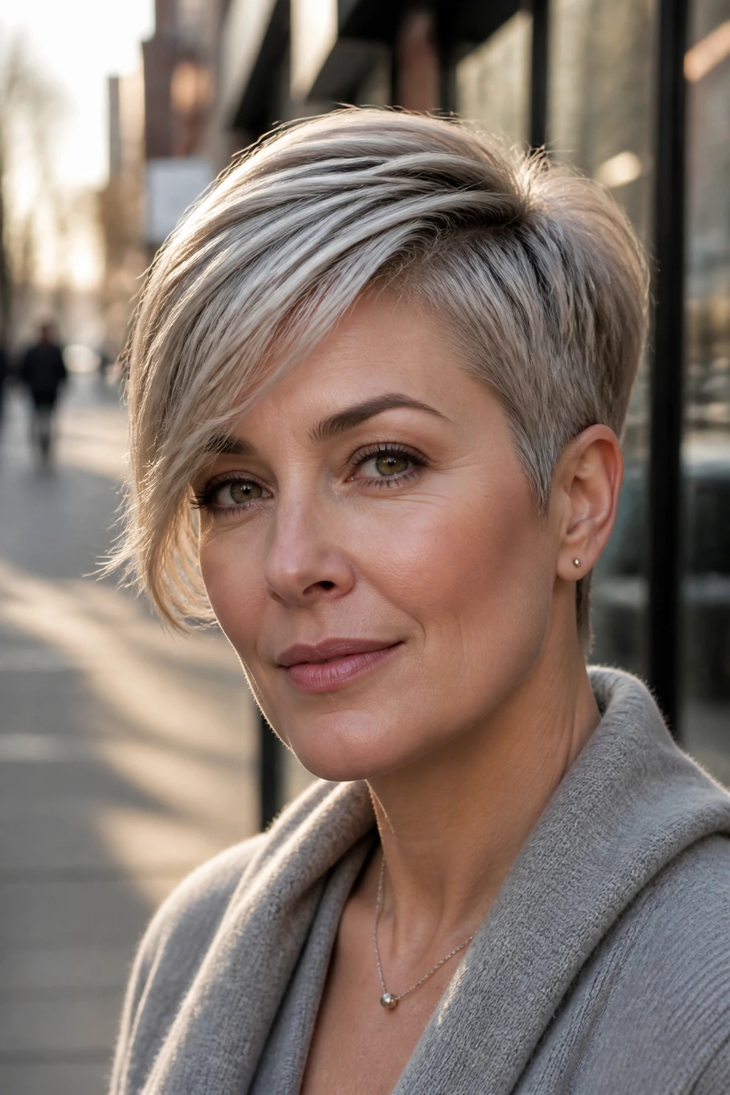 Close-up portrait of a real woman with side-part crop and swept-forward fringe on a square-face.