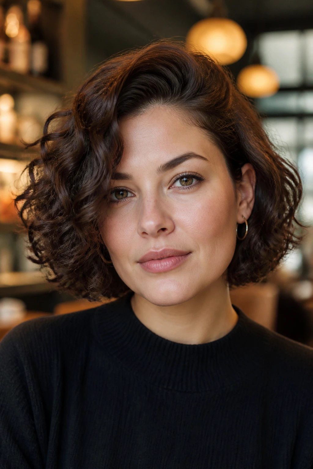 Close-up of a real woman with side-parted curly bob and lifted crown in cafe lighting