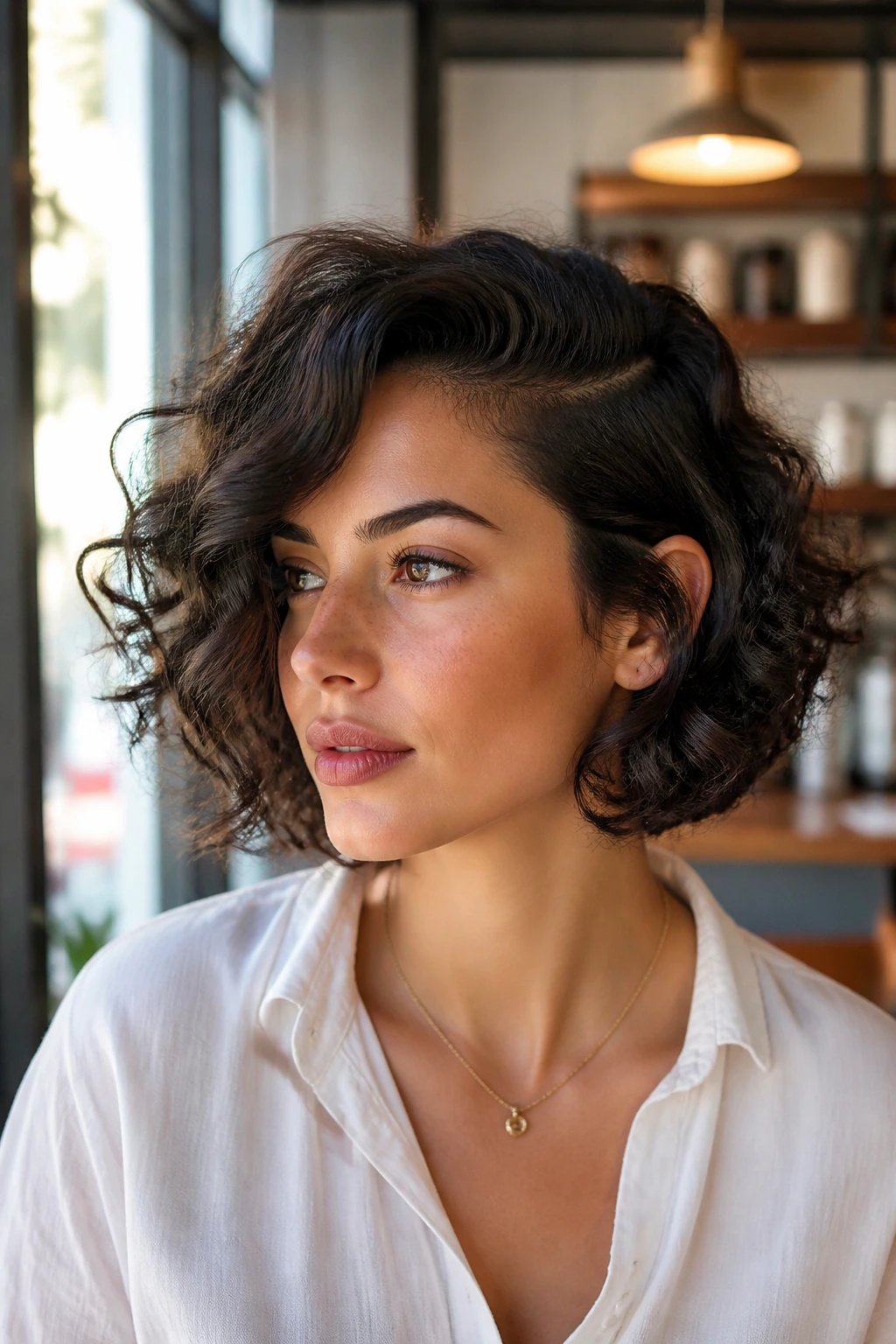 Medium-close portrait of a woman with a deep-side-part curly bob and dramatic sweep.