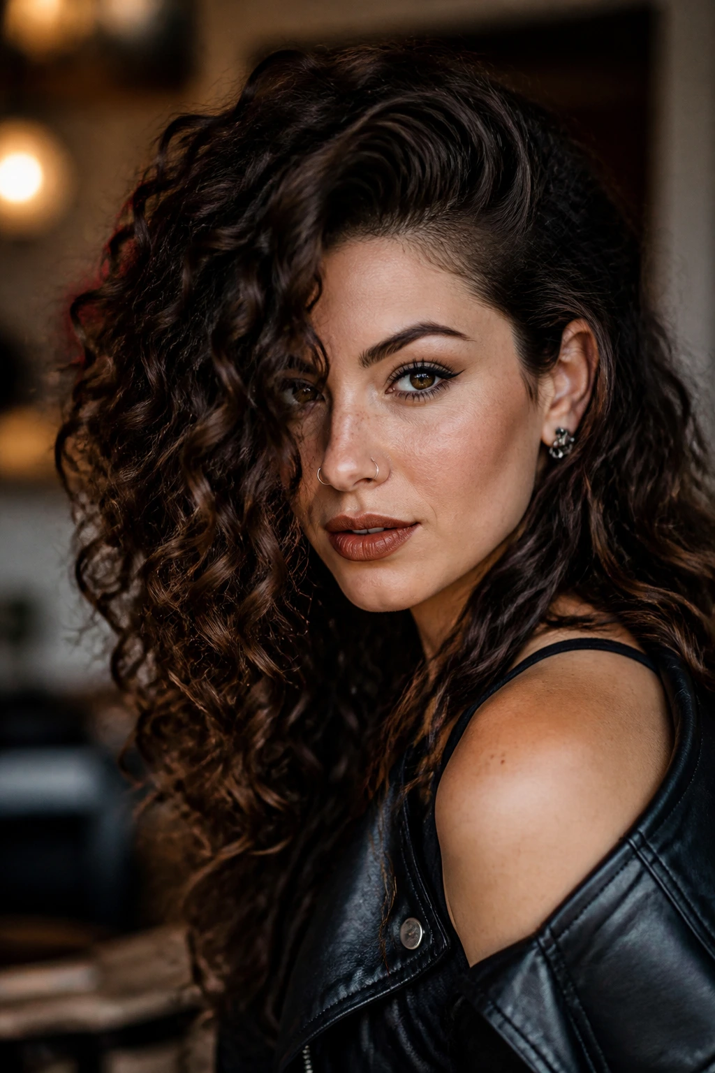 Close-up portrait of a real woman with a deep side part and glam curls