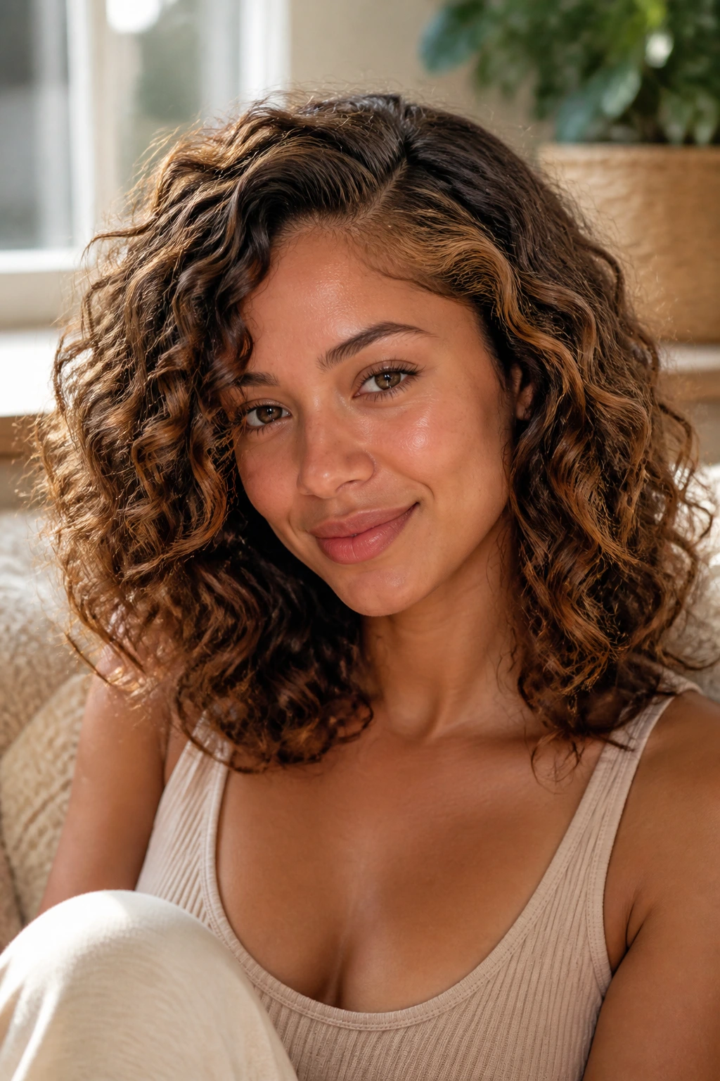 Close-up of a real woman with side-parted medium curls and caramel pop near the part.