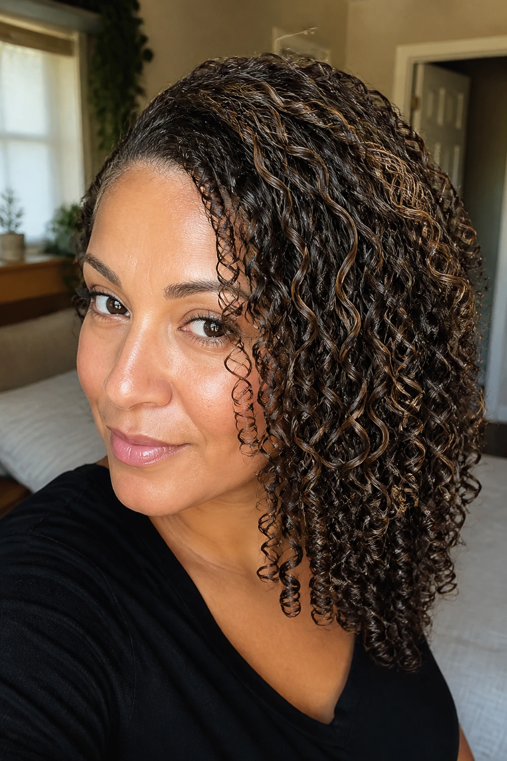Close-up of a woman’s curly hair with a deep side part and shadow ribbons