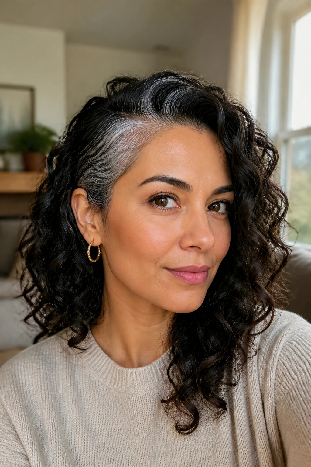 Close-up portrait of a person with a side-part curly hairstyle blending gray at the temple.
