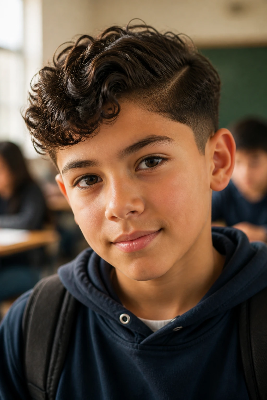 Close-up of a real boy with curly hair showing a natural side-part and swept curls in a school setting