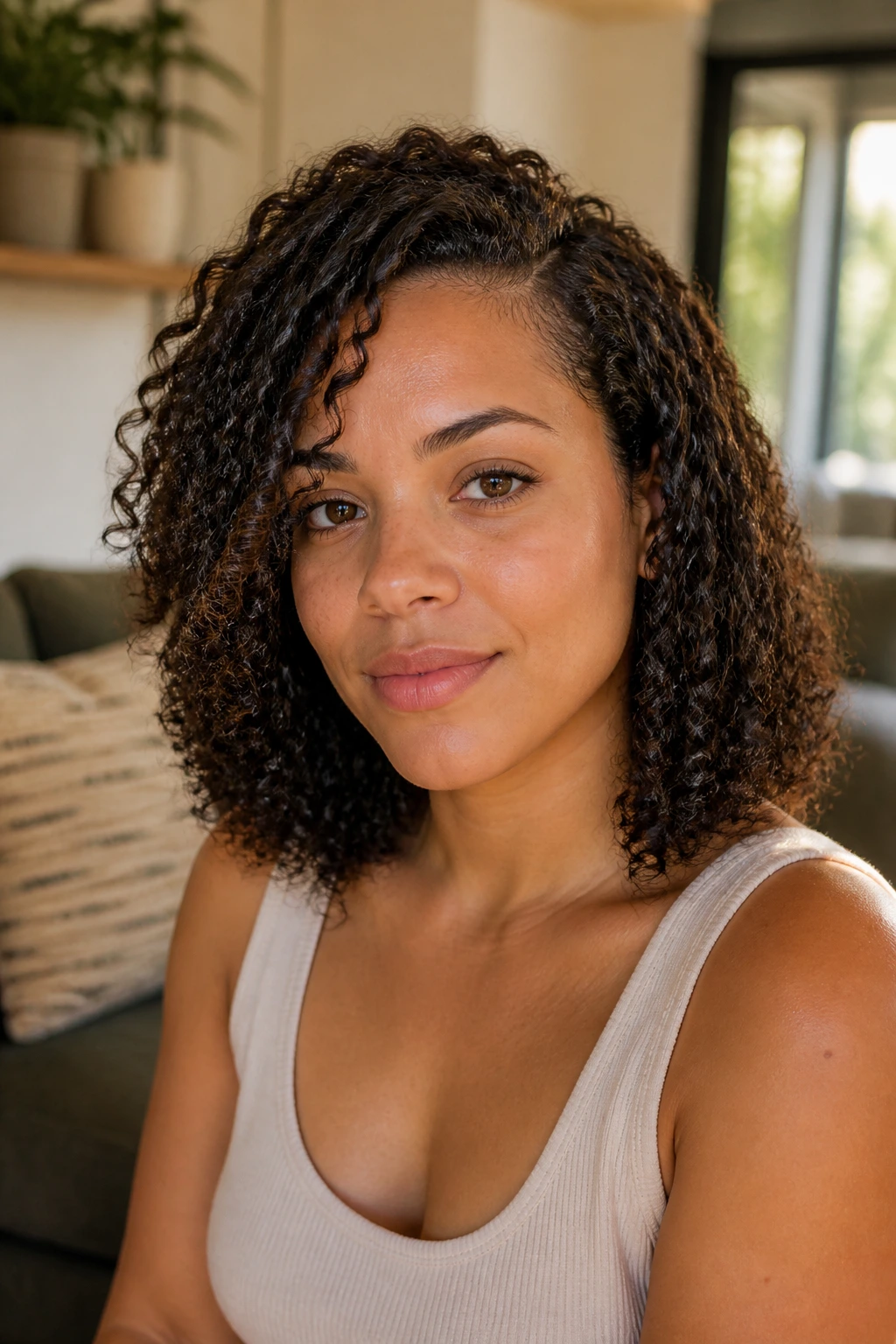 Close-up of shoulder-length curly hair with a slight off-center part framing the jawline