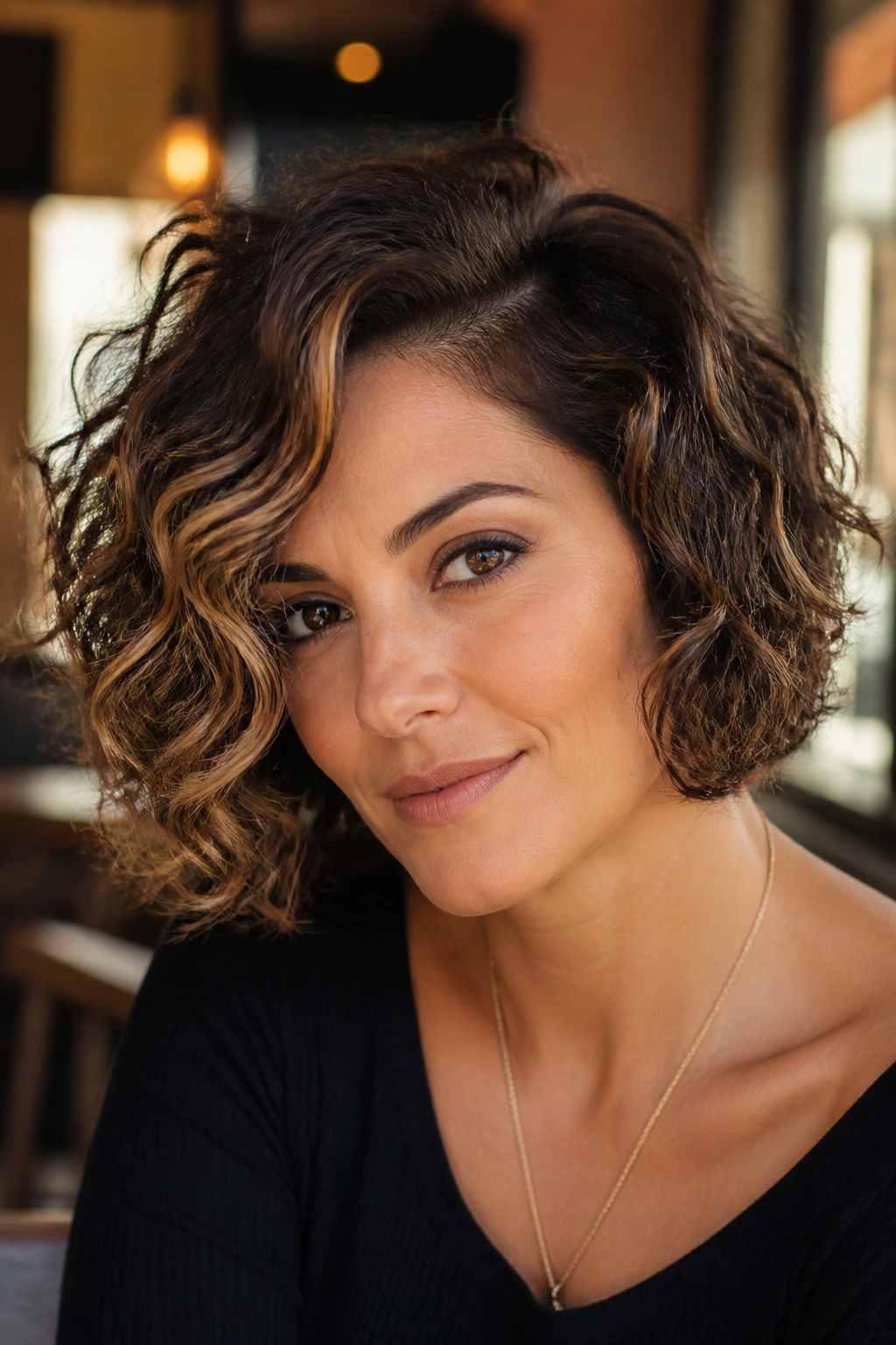 Portrait of a woman with a side-part curly bob and cheekbone highlights.