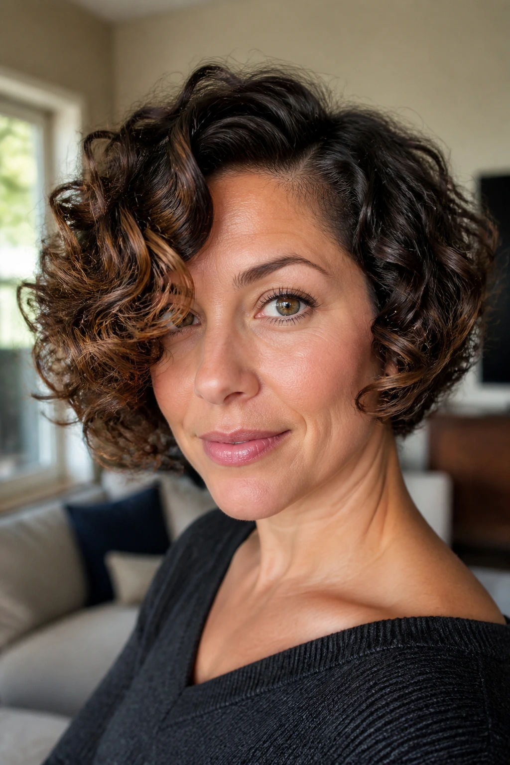 Close-up of a real woman with a side-part curly inverted bob and lifted crown