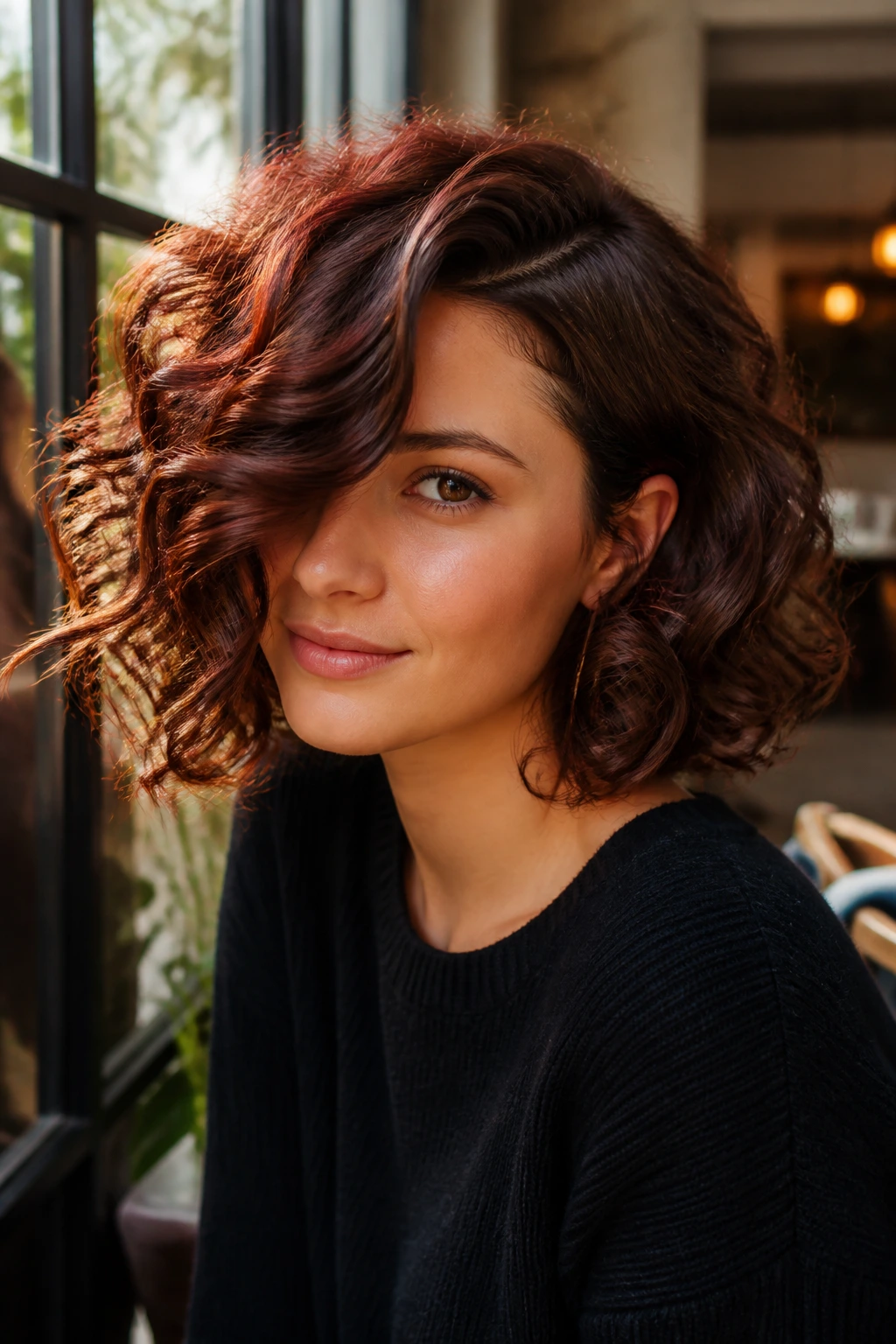 Close-up of a real person with side-part curly bob and mahogany sweep