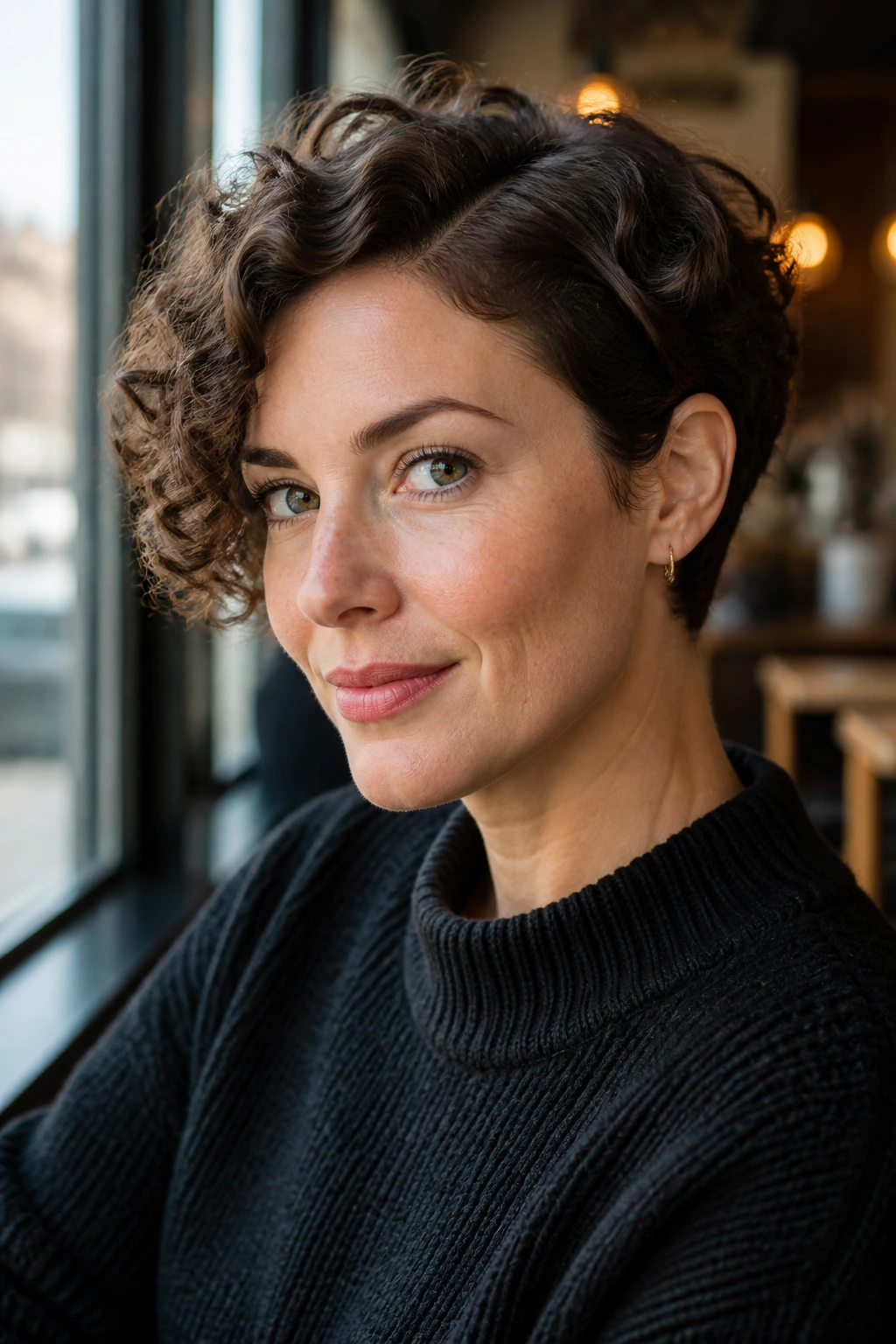 Real woman with side-part curly pixie tucked behind the ear in cafe light.