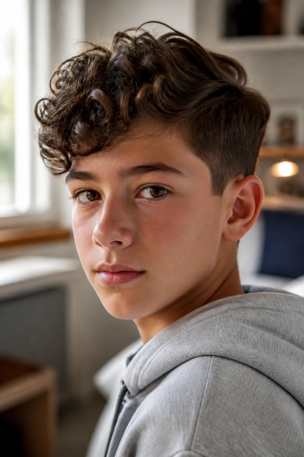 Close-up of a real boy with a side-part curly top and soft-scissor sides.