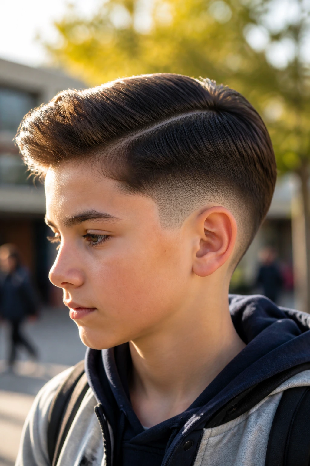 Close-up of boy with side part and drop fade in outdoor courtyard light