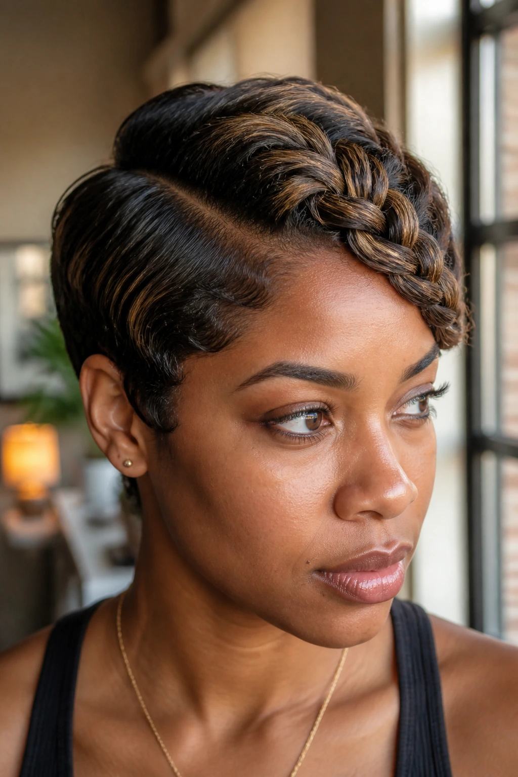 Close-up of side-part Dutch swoop with tucked length