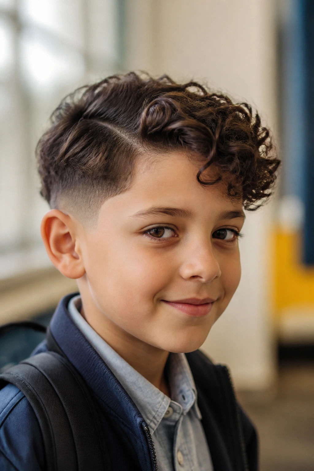 Close-up of real child with side-part swept curls and low taper fade