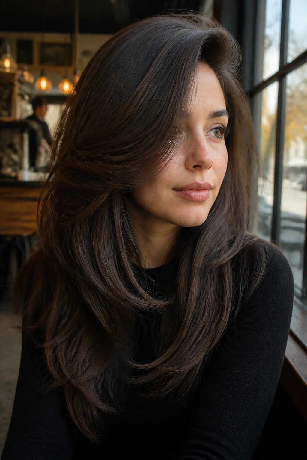 Portrait of a real woman with a deep side part and swept feathered cut