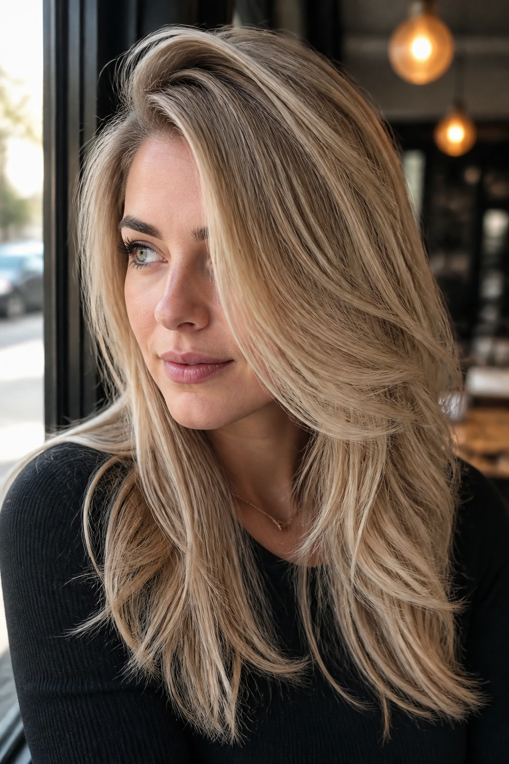 Close-up of real woman with a deep side-part and feather sweep.