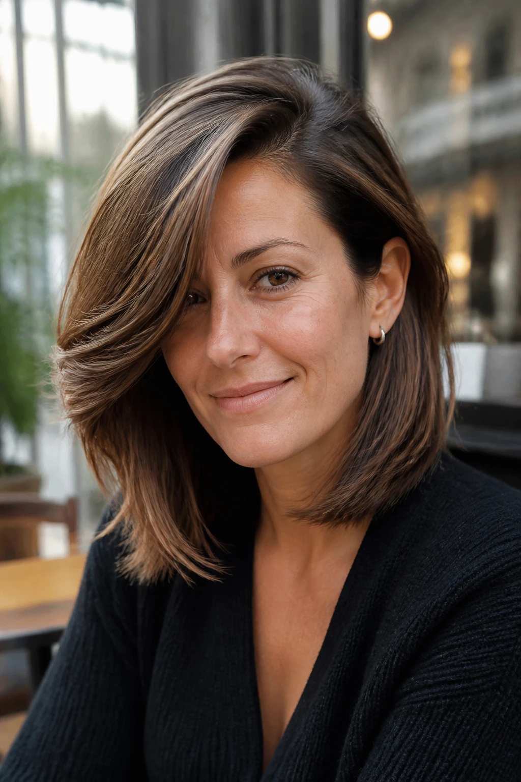 Real woman with side-parted feathered lob and sweeping front pieces in sunlit setting