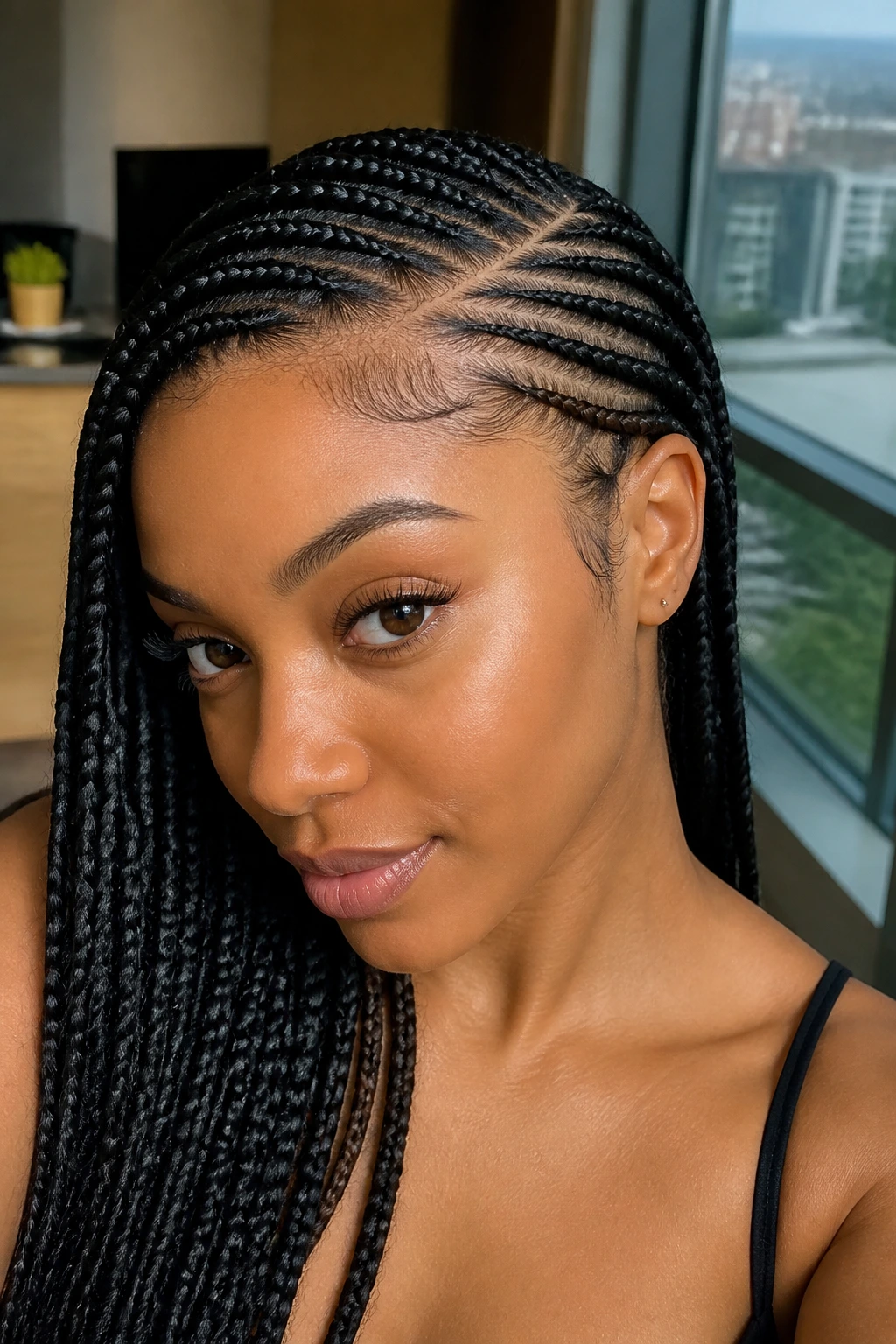 Close-up of side-part feed-in braids on a real woman.