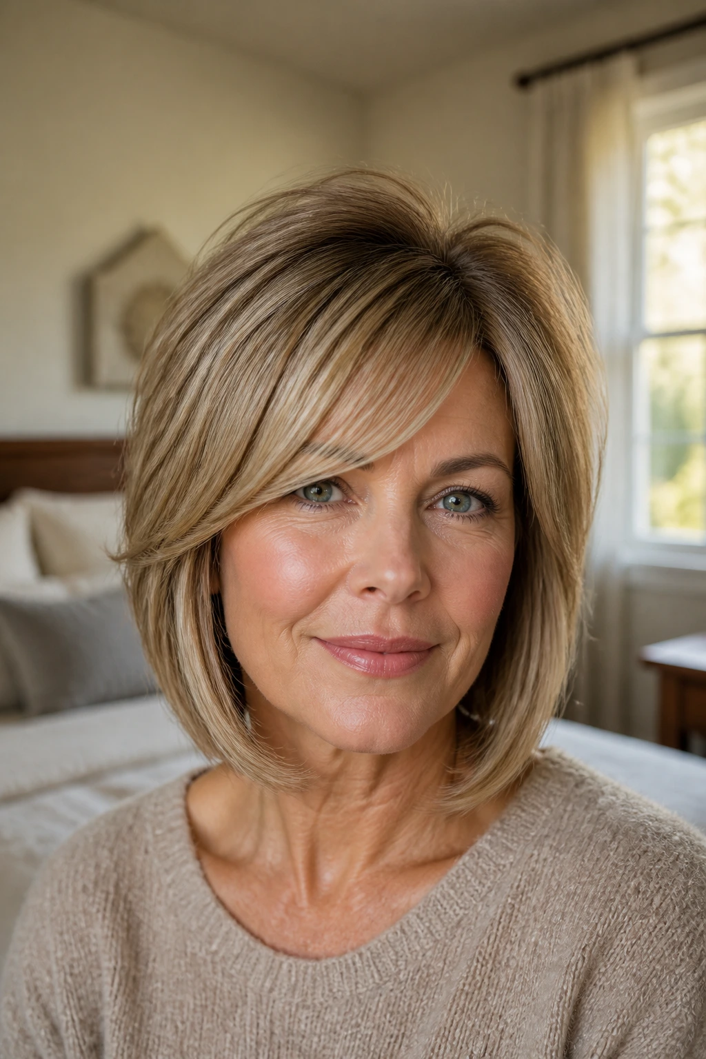 Close-up of a real woman with side-part fringe and crown-volume hairstyle in natural window light