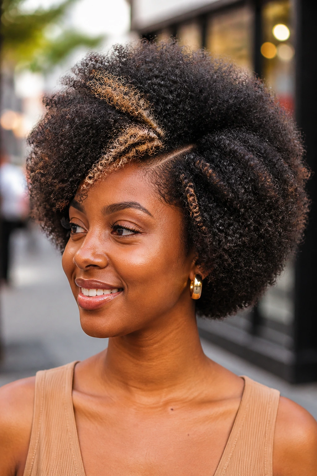 Side-part afro with bright money pieces on a real person