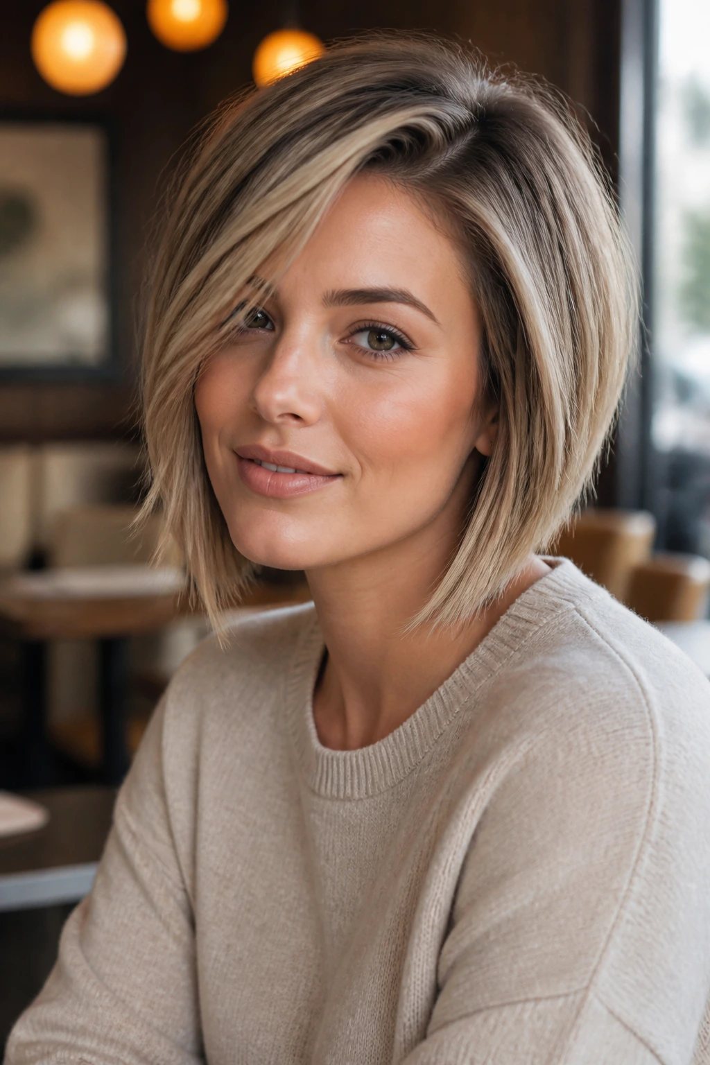 Off-center side-parted short hair on a real person creating an illusion of fullness