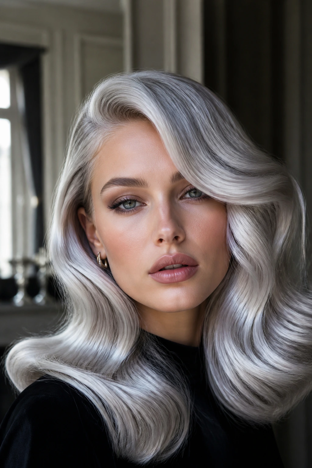 Real person with side-part glam waves in silver blonde