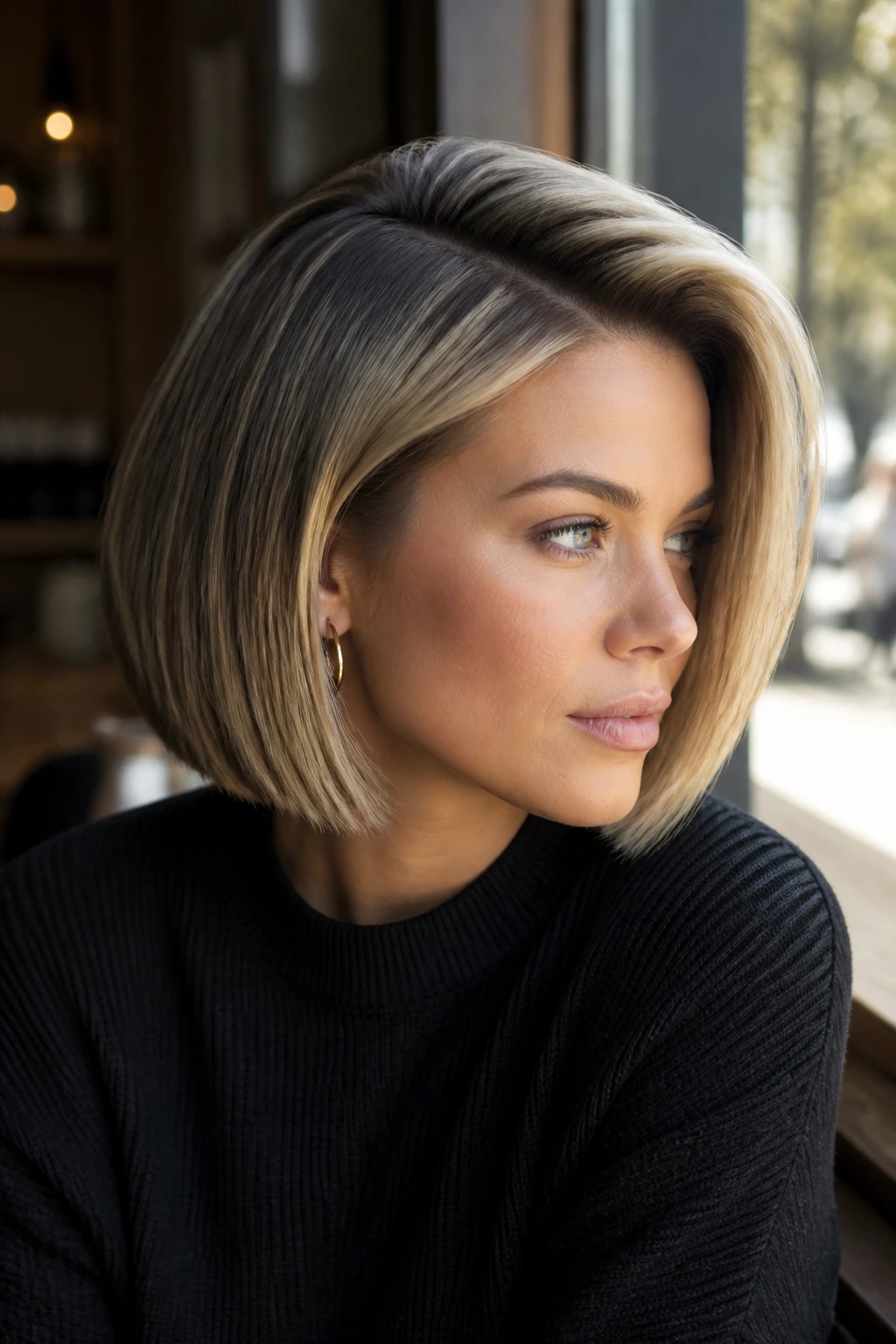 Real woman with side-part glass bob and champagne threads reflecting light.