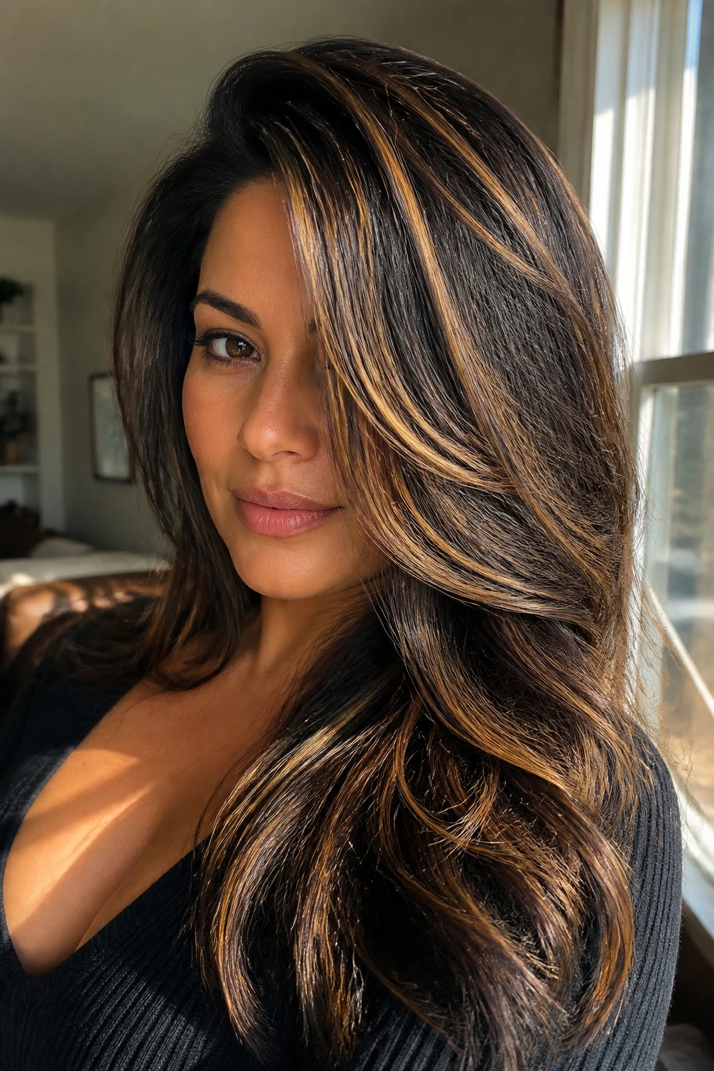 Close-up of side-part sweep highlights lifting the face