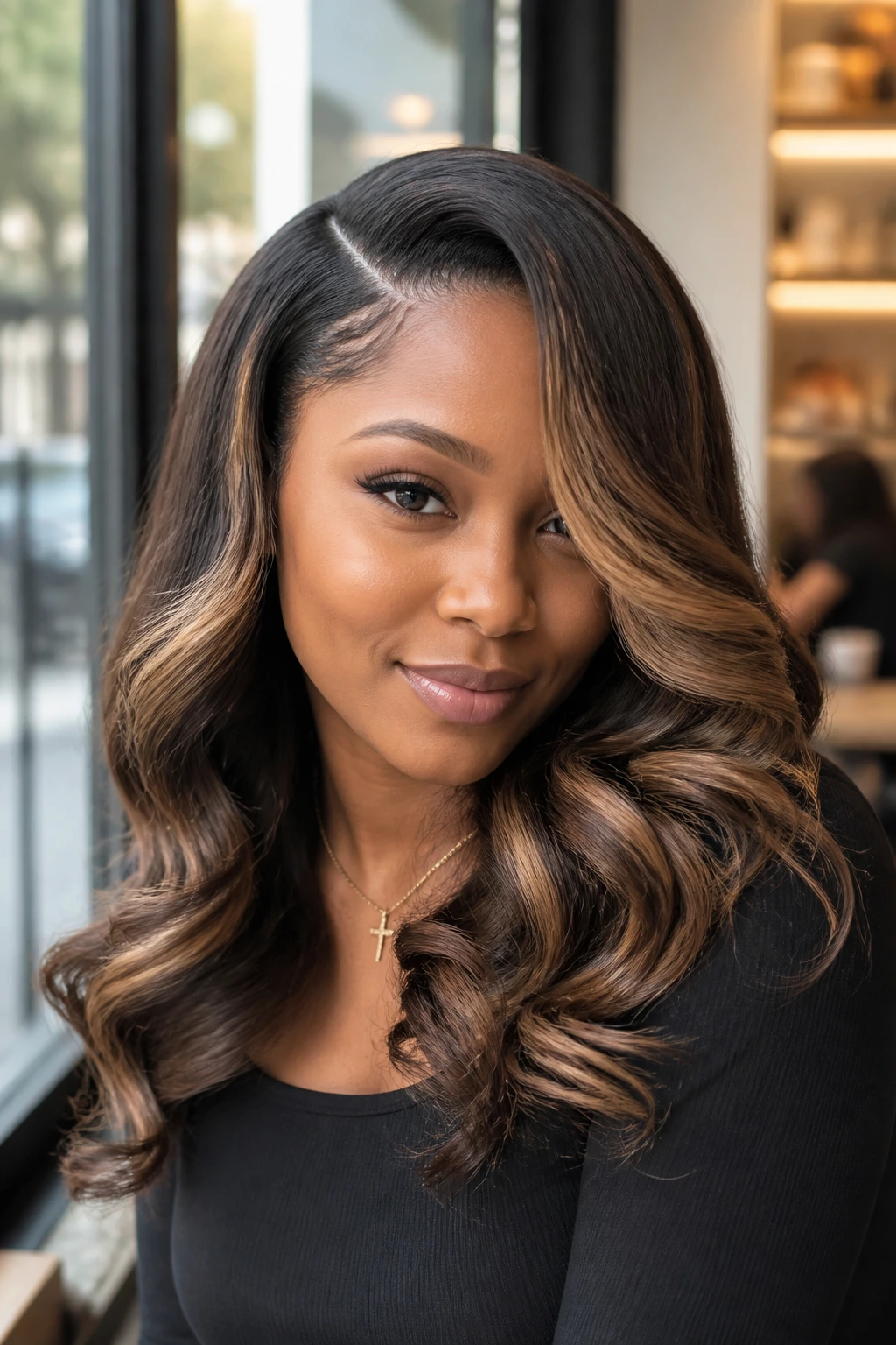 Portrait of a real woman with side-part glam waves and honey face-framing pieces