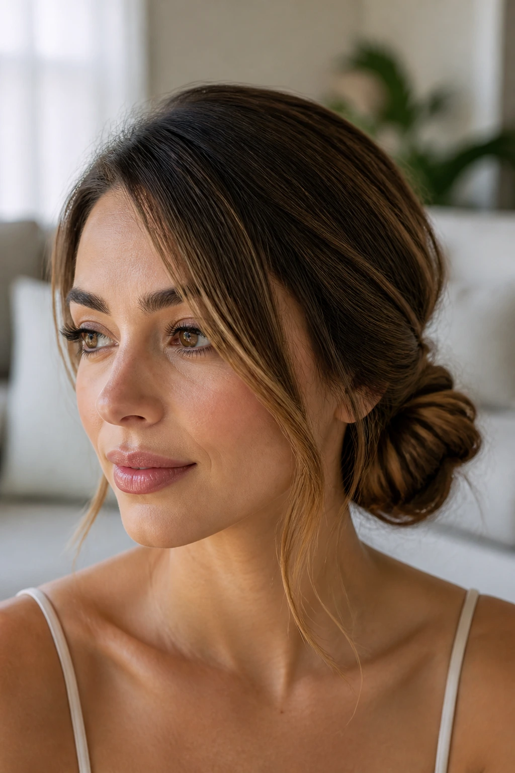 Close-up of side-part knot bun on a real woman with deep side part