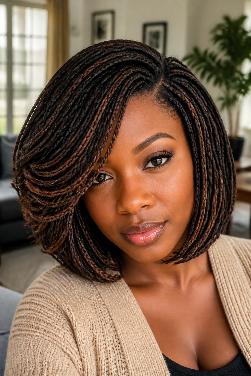 Real woman with side-part layered crochet bob portrait