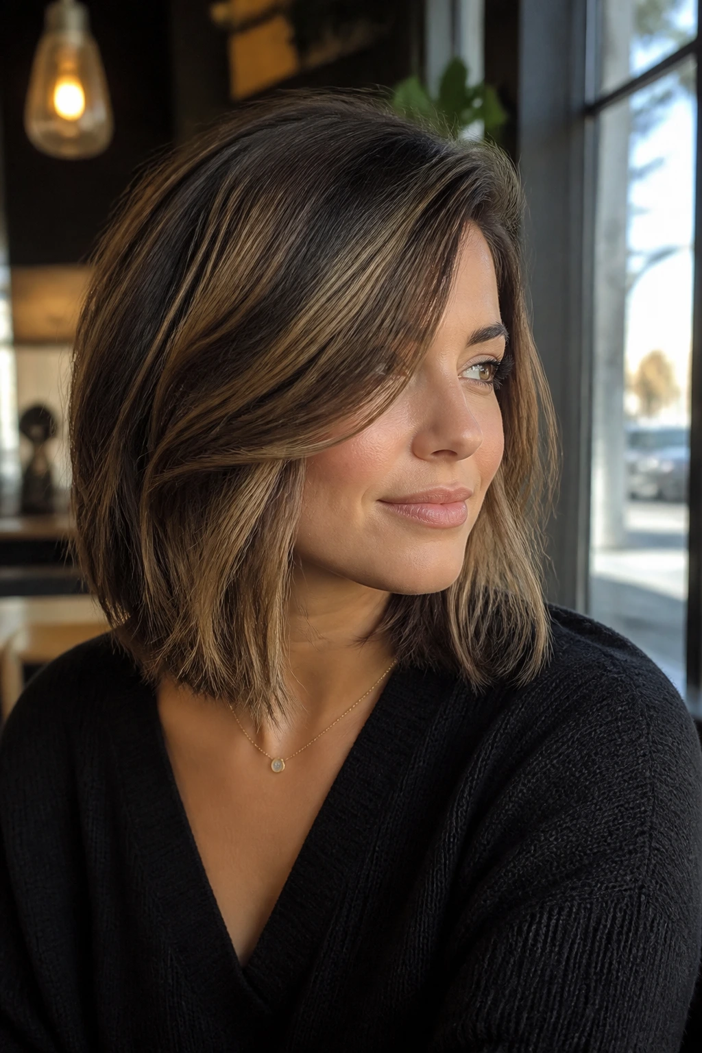 Portrait of a real woman with a side-part layered lob, showcasing swept front piece and crown lift.